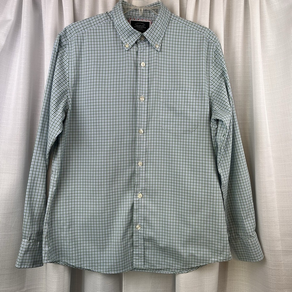 Charles Tyrwhitt Dress Shirt Mens Medium Sky Blue/Green Striped Slim Fit No Iron